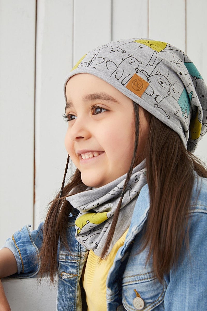 Babygiz Girl Child Gray Figured Rope Detailed 4 Season Hat Beanie Neck Collar Set Soft Natural Combed Cotton  - Image 1