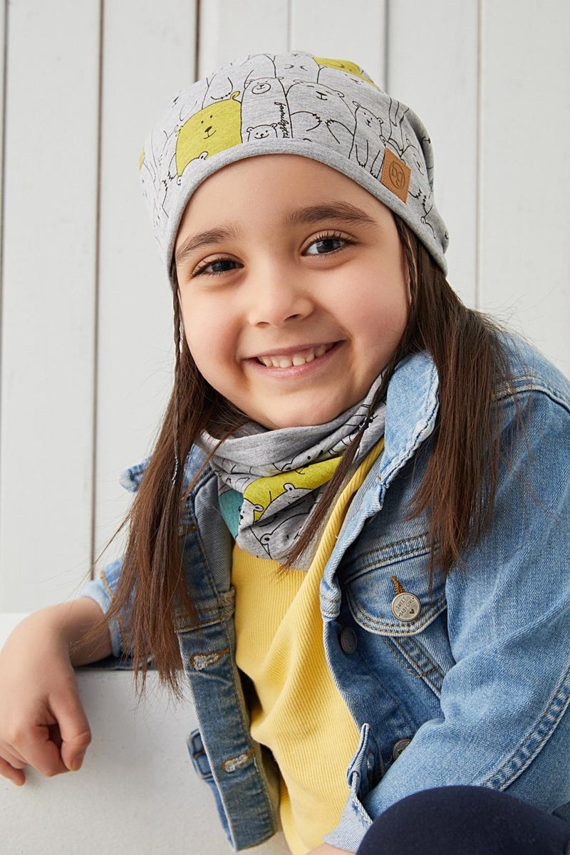 Babygiz Girl Child Gray Figured Rope Detailed 4 Season Hat Beanie Neck Collar Set Soft Natural Combed Cotton  - Image 2
