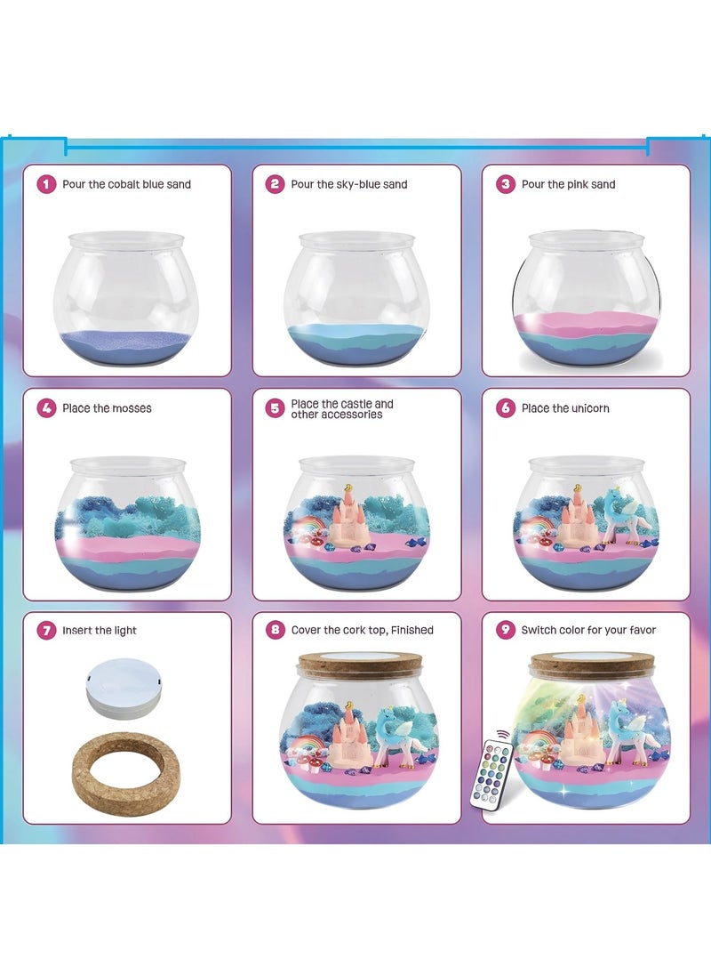 ESSEN - Unicorn Terrarium Craft Kit for Kids Gifts for Girls Night Light Up Terrarium Kit DIY Unicorn Birthday Gift Toys for Girls Ages 4 5 6 7 8-12 Year Old Unicorn Art Craft Kit with Remote - Image 1