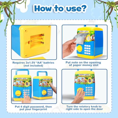 Wembley Finger Print Sensor ATM Piggy Bank for Kids Girl Boys Gullak for Money Bank with Password & Music Auto Scroll Money Saving Box with Coin Cash Slot Gifts for Kids - Blue - Image 4