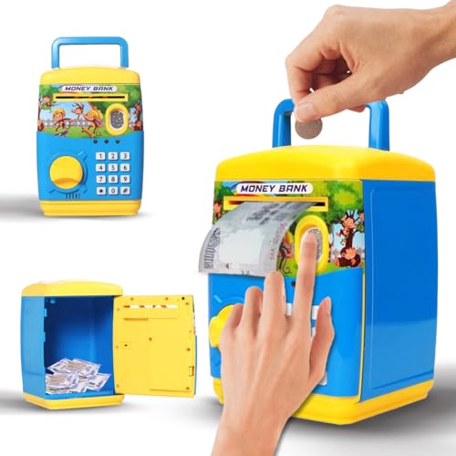 Wembley Finger Print Sensor ATM Piggy Bank for Kids Girl Boys Gullak for Money Bank with Password & Music Auto Scroll Money Saving Box with Coin Cash Slot Gifts for Kids - Blue - Image 1