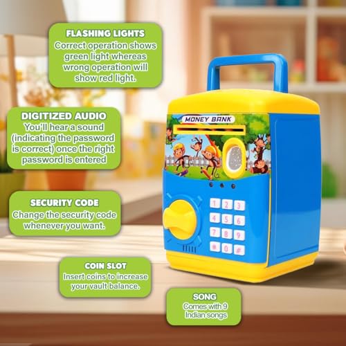 Wembley Finger Print Sensor ATM Piggy Bank for Kids Girl Boys Gullak for Money Bank with Password & Music Auto Scroll Money Saving Box with Coin Cash Slot Gifts for Kids - Blue - Image 5