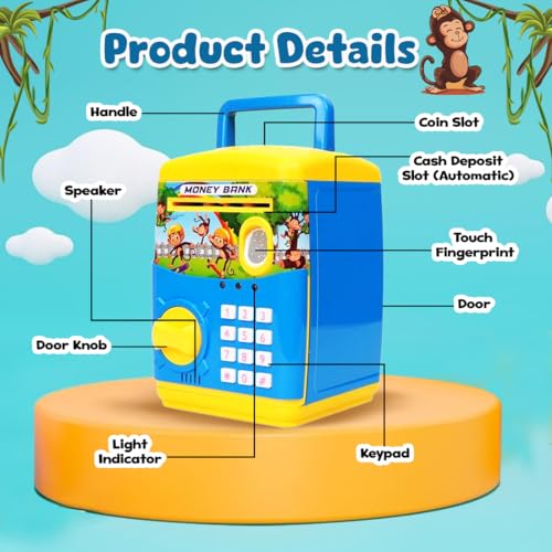 Wembley Finger Print Sensor ATM Piggy Bank for Kids Girl Boys Gullak for Money Bank with Password & Music Auto Scroll Money Saving Box with Coin Cash Slot Gifts for Kids - Blue - Image 3