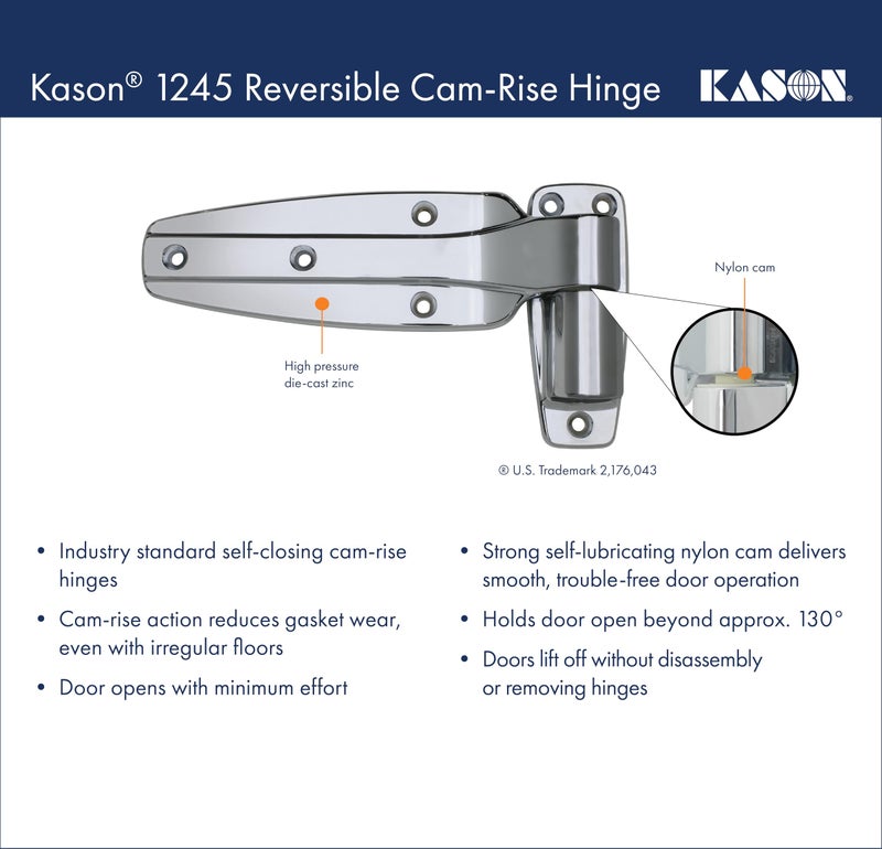 Kason 1245 Reversible Cam-Rise Hinge, Flush Offset, Brushed Chrome Finish, 11245000088 - Image 5