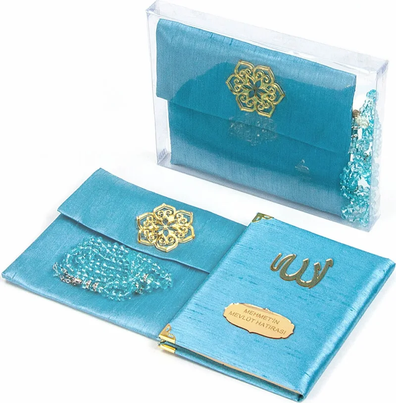 İhvan Ihvan Shantuk Fabric Covered Yasin Book - Bag Size - Name Plate - With Prayer Beads - Pouch - Boxed Blue