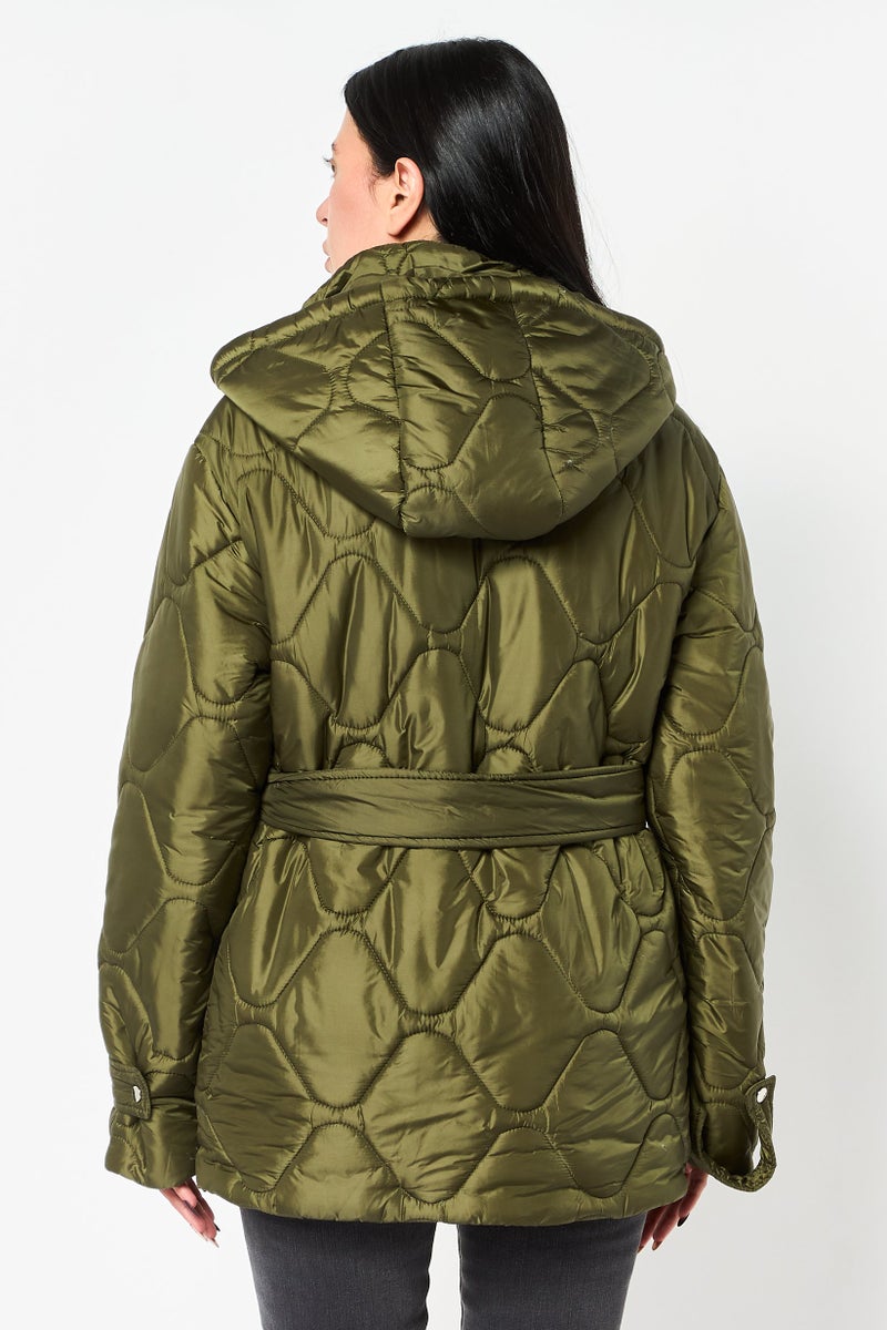 Reserved Women Solid Long Sleeve Puffer Jacket With Belt, Olive - Image 4