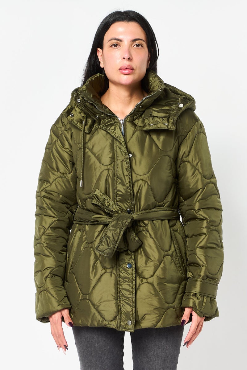 Reserved Women Solid Long Sleeve Puffer Jacket With Belt, Olive - Image 1