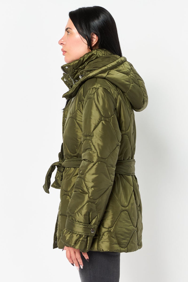 Reserved Women Solid Long Sleeve Puffer Jacket With Belt, Olive - Image 2