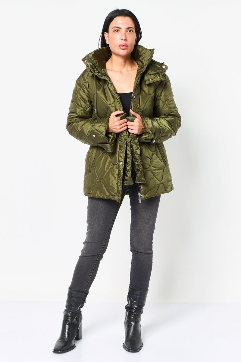 Reserved Women Solid Long Sleeve Puffer Jacket With Belt, Olive - Image 3