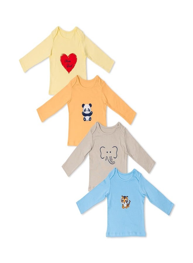 FawnFeel New Born Babies Tshirt Combo of 4 Tshirts (in, Age, 6 Months, 9 Months, Regular, Peach with Panda, Blue with Tiger, Yellow with Heart, Grey with Elephant) - Image 1