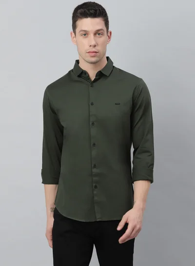 Dennis Lingo Slim Fit Green Casual Spread Shirt - 100% Cotton