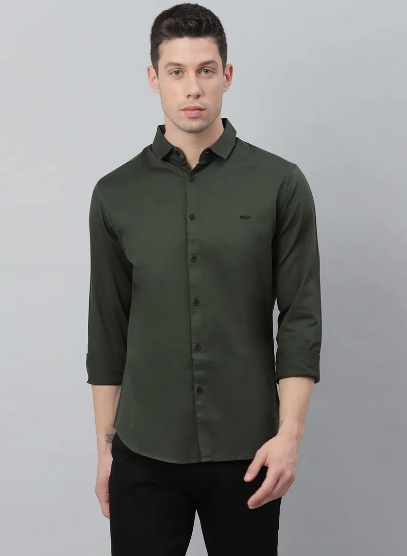 Dennis Lingo Slim Fit Green Casual Spread Shirt - 100% Cotton