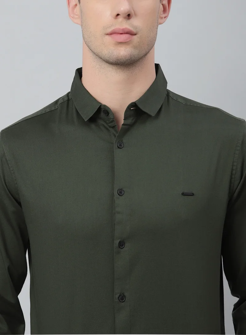 Dennis Lingo Slim Fit Green Casual Spread Shirt - 100% Cotton