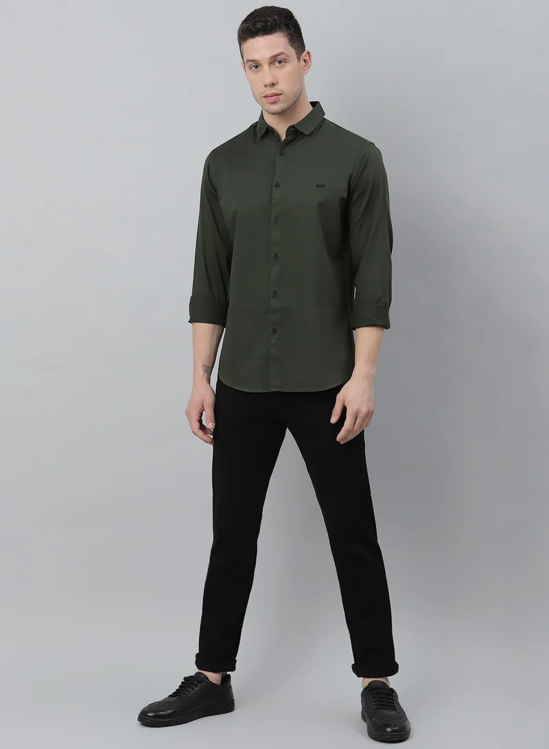 Dennis Lingo Slim Fit Green Casual Spread Shirt - 100% Cotton