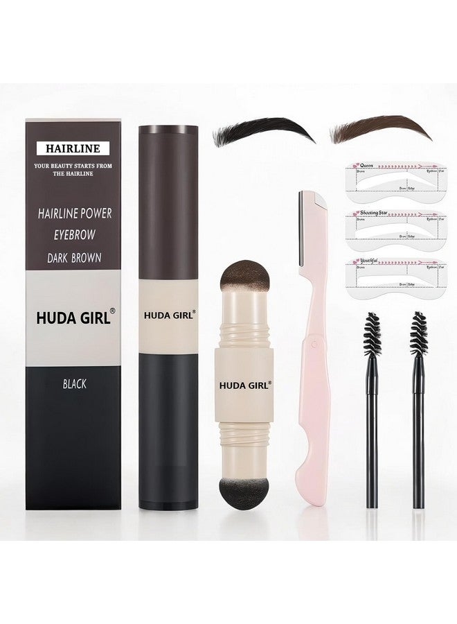 HUDA GIRL Dual Color 2In1 Hairline Powder & Eyebrow Filler For Women, Eyebrow Shaper Kit Including Instant Hair Touch Up Stick Black N Brown With Eyebrow Razor, 2Pcs Eyebrow Brush / Spoolie & 3 Brow Stencils - Image 1