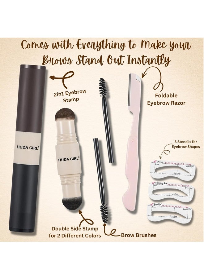 HUDA GIRL Dual Color 2In1 Hairline Powder & Eyebrow Filler For Women, Eyebrow Shaper Kit Including Instant Hair Touch Up Stick Black N Brown With Eyebrow Razor, 2Pcs Eyebrow Brush / Spoolie & 3 Brow Stencils - Image 2