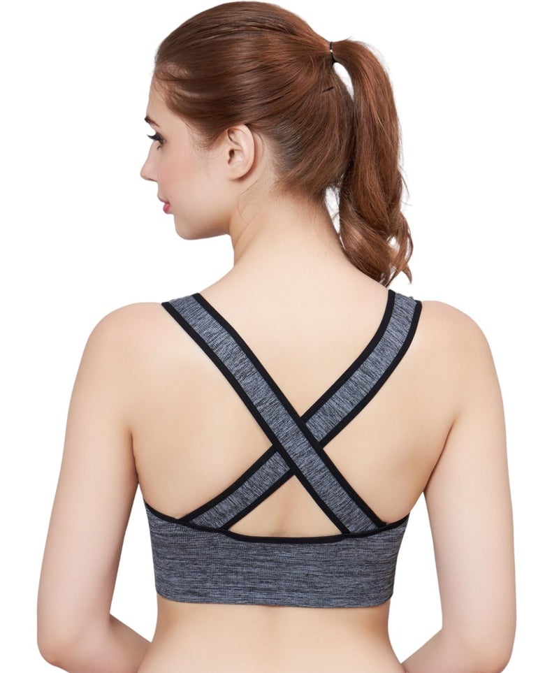 PLUMBURY Women's Padded Cross Back Medium Support Sports Bra, Size XL, Grey - Image 1