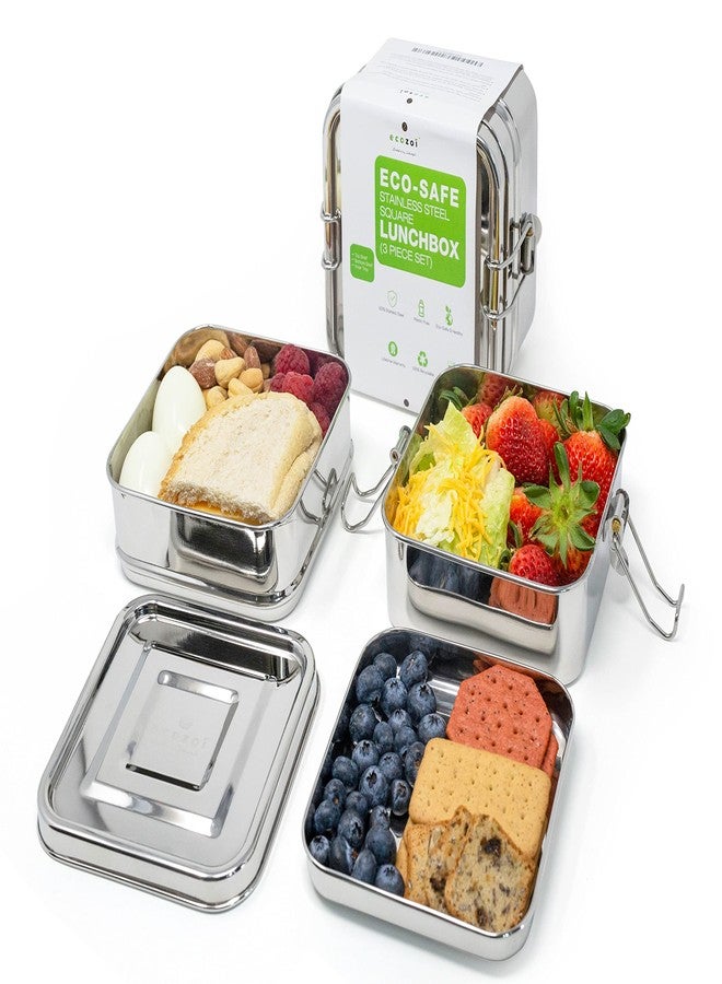 Ecozoi Stainless Steel 3-in-1 Square Eco Lunch Box Metal Bento Box 1500 ml or 50 Oz | Bonus Inner Tray | Sustainable Zero Waste Eco Friendly Food Storage Container - Image 1