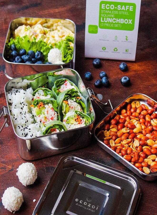 Ecozoi Stainless Steel 3-in-1 Square Eco Lunch Box Metal Bento Box 1500 ml or 50 Oz | Bonus Inner Tray | Sustainable Zero Waste Eco Friendly Food Storage Container - Image 2