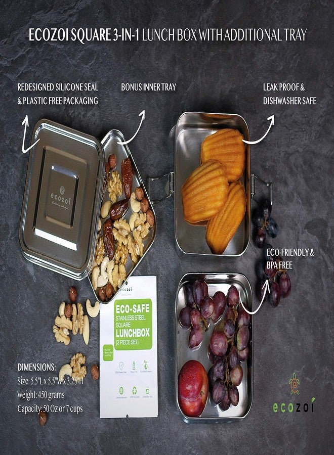 Ecozoi Stainless Steel 3-in-1 Square Eco Lunch Box Metal Bento Box 1500 ml or 50 Oz | Bonus Inner Tray | Sustainable Zero Waste Eco Friendly Food Storage Container - Image 5