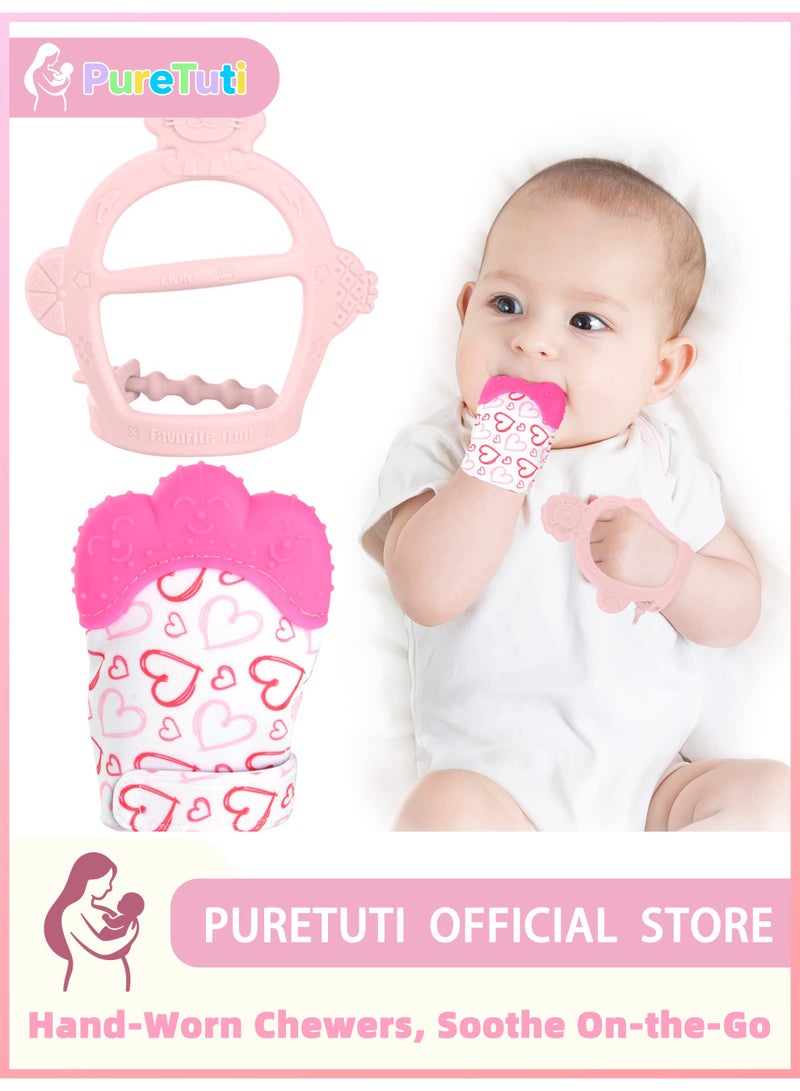 PureTuti Silicone Teething Mitt, 2Pcs Teething Mitten with Adjustable Strap, Crinkle Sound and Textured, Self Soothing Baby Chew Toys for 0-6month Infant - Image 1