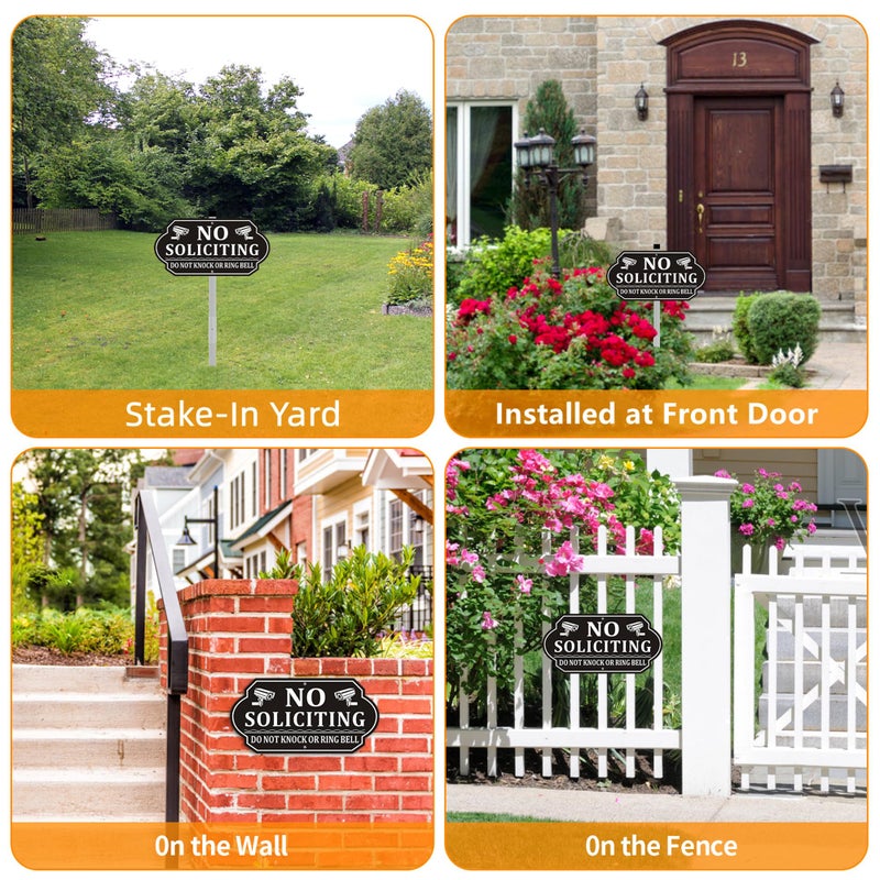 Frohllia No Soliciting Sign for House, No Soliciting Signs for Front Door, Heavy Duty Aluminum Yard Signs with 28-Inch Stake UV Protected Weather Resistant and Easy Install for Lawns Garden(14x7 inches) (Black, 14 x 7 inches no soliciting sign for house) - Image 2
