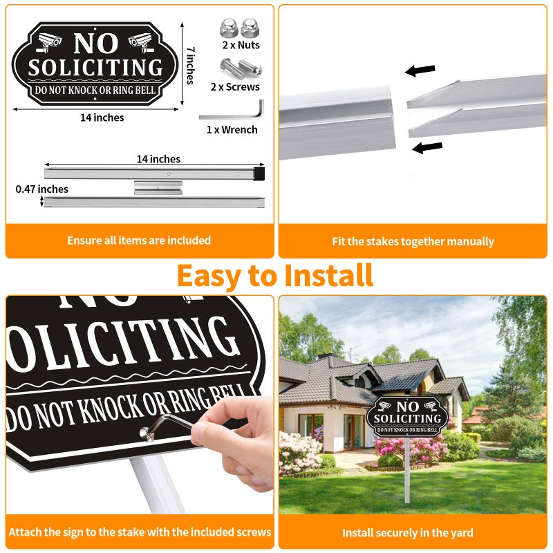 Frohllia No Soliciting Sign for House, No Soliciting Signs for Front Door, Heavy Duty Aluminum Yard Signs with 28-Inch Stake UV Protected Weather Resistant and Easy Install for Lawns Garden(14x7 inches) (Black, 14 x 7 inches no soliciting sign for house) - Image 3