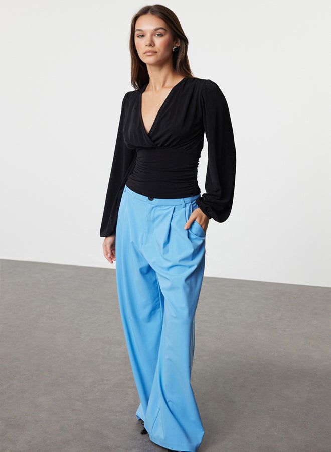 trendyol Black Double Breasted Gathering/Drape Detailed Long Sleeve Stretchy Knitted Blouse TWOAW25BZ00021 - Image 2