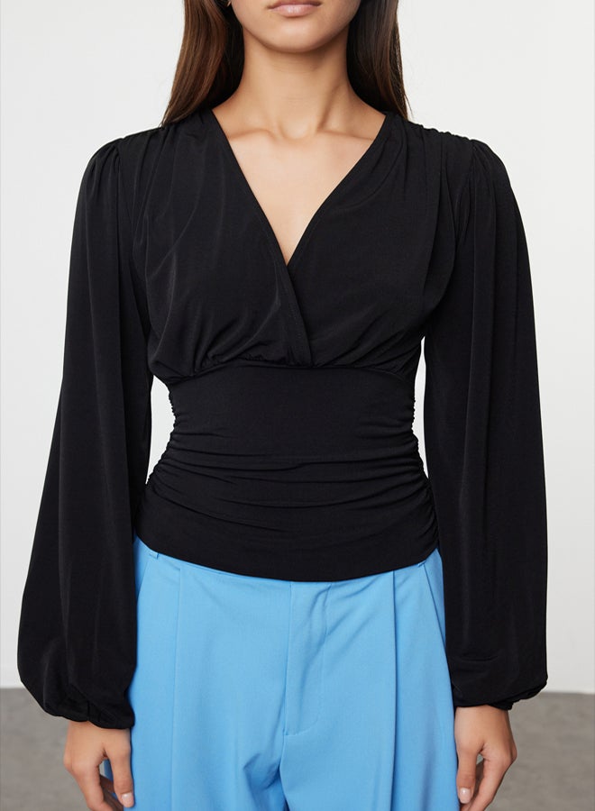 trendyol Black Double Breasted Gathering/Drape Detailed Long Sleeve Stretchy Knitted Blouse TWOAW25BZ00021 - Image 3