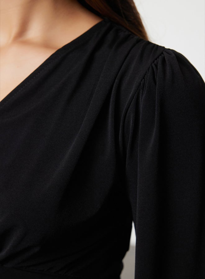 trendyol Black Double Breasted Gathering/Drape Detailed Long Sleeve Stretchy Knitted Blouse TWOAW25BZ00021 - Image 4