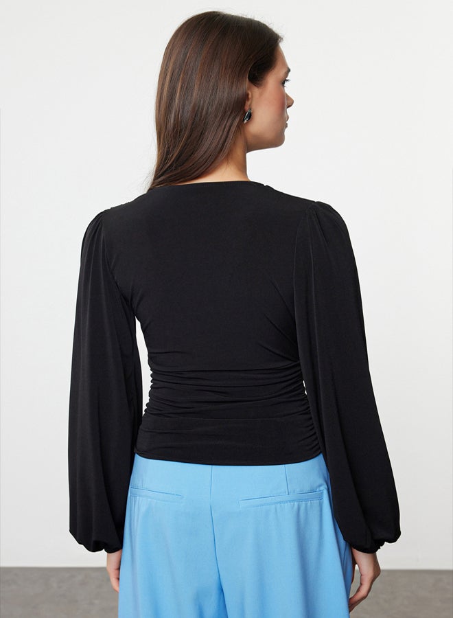 trendyol Black Double Breasted Gathering/Drape Detailed Long Sleeve Stretchy Knitted Blouse TWOAW25BZ00021 - Image 5