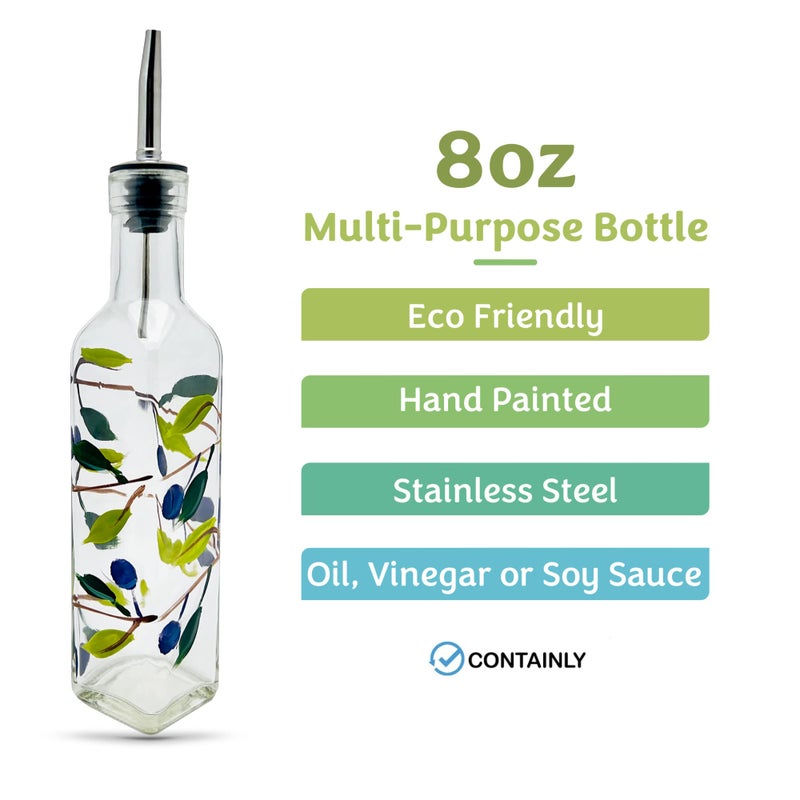 Containly Glass Olive Branch Oil/Vinegar Glass Cruet for Kitchen, 8 oz Olive Oil Dispenser With Stainless Steel Spout for Easy Pouring