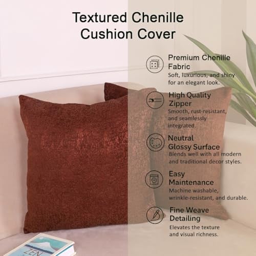 STITCHNEST Chenille Cushion Covers Set of 5 – 16x16 Inches Soft Velvet-Feel Textured Covers for Sofa, Couch, Bed, Living Room, Home, Office & Lounge Decor – Durable & Machine Washable (Brown) - Image 3