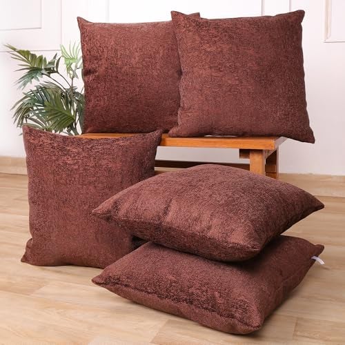 STITCHNEST Chenille Cushion Covers Set of 5 – 16x16 Inches Soft Velvet-Feel Textured Covers for Sofa, Couch, Bed, Living Room, Home, Office & Lounge Decor – Durable & Machine Washable (Brown) - Image 1