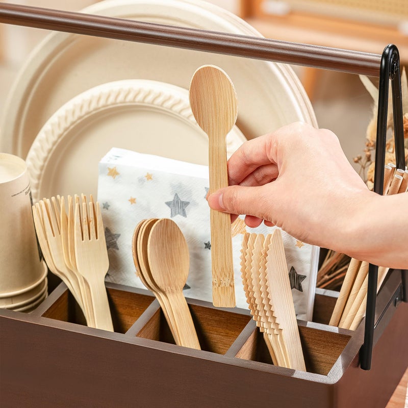 PTSTING Silverware Caddy with Handle Acacia Wood Utensil Holder Paper Plate Dispenser for Countertop Flatware Organizer Box for Spoons Forks Plates Cups Napkins - Image 3
