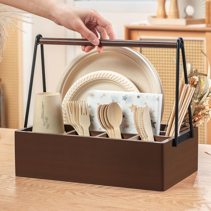 PTSTING Silverware Caddy with Handle Acacia Wood Utensil Holder Paper Plate Dispenser for Countertop Flatware Organizer Box for Spoons Forks Plates Cups Napkins - Image 2