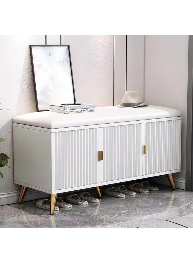 Shoe Bench with Storage and Leather Cushion Seat, Modern Cabinet Home Organizer for Entryway, Hallway, Bedroom, Living Room, (White,HXD-0019) - Image 1