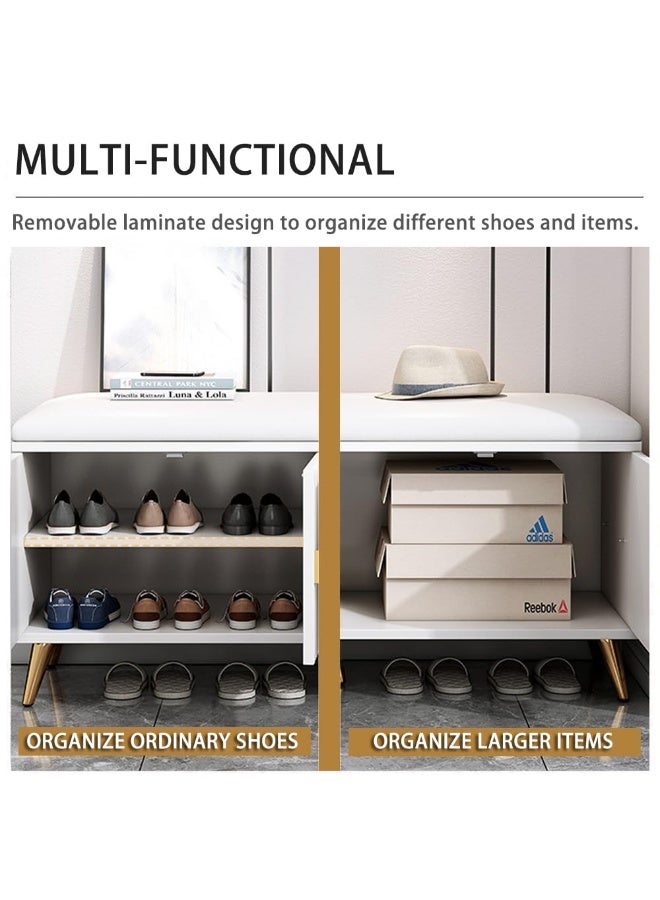 Shoe Bench with Storage and Leather Cushion Seat, Modern Cabinet Home Organizer for Entryway, Hallway, Bedroom, Living Room, (White,HXD-0019) - Image 5