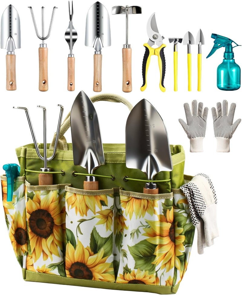 MOSFiATA Garden Tools Set 12-Piece, Gardening Tools Kit with Comfortable Handle, Heavy Duty Soil Shovel, Transplant Trowel, Weeder, Hand rake, Professional Pruner Sprayer Gloves with Organizer Bag - Image 1