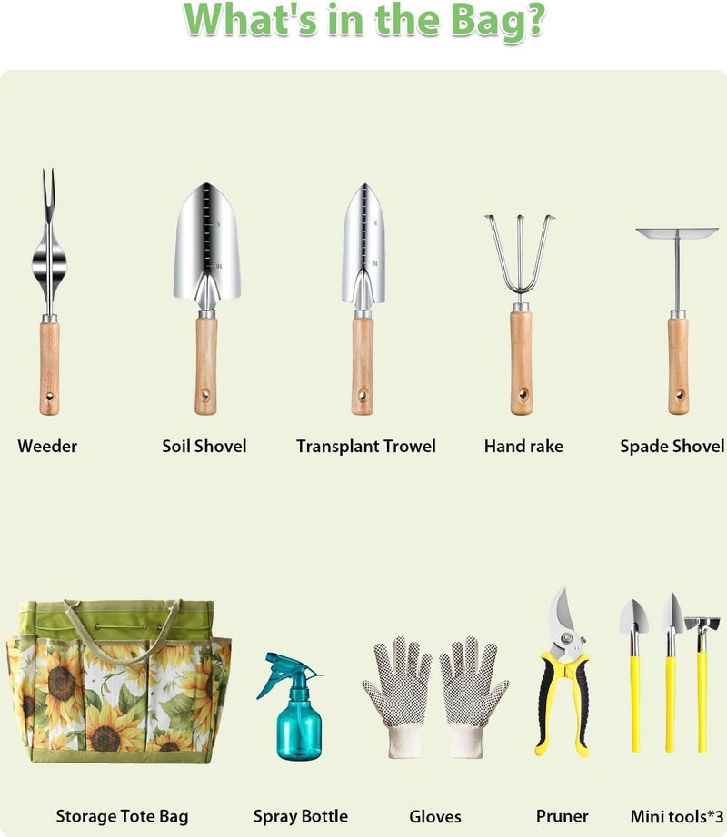MOSFiATA Garden Tools Set 12-Piece, Gardening Tools Kit with Comfortable Handle, Heavy Duty Soil Shovel, Transplant Trowel, Weeder, Hand rake, Professional Pruner Sprayer Gloves with Organizer Bag - Image 5