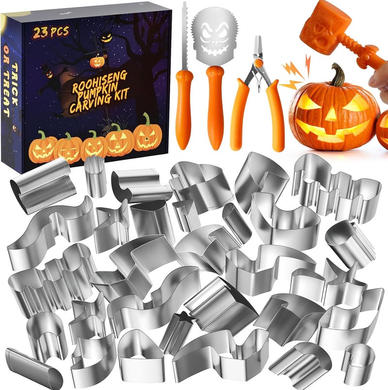 Roohiseng Pumpkin Carving Kit Tools for Kids, Halloween Cookie Cutters Set Stainless Steel, Safe Pumpkin Carving Stencils DIY Halloween Decoration Jack O Lanterns (23) - Image 1