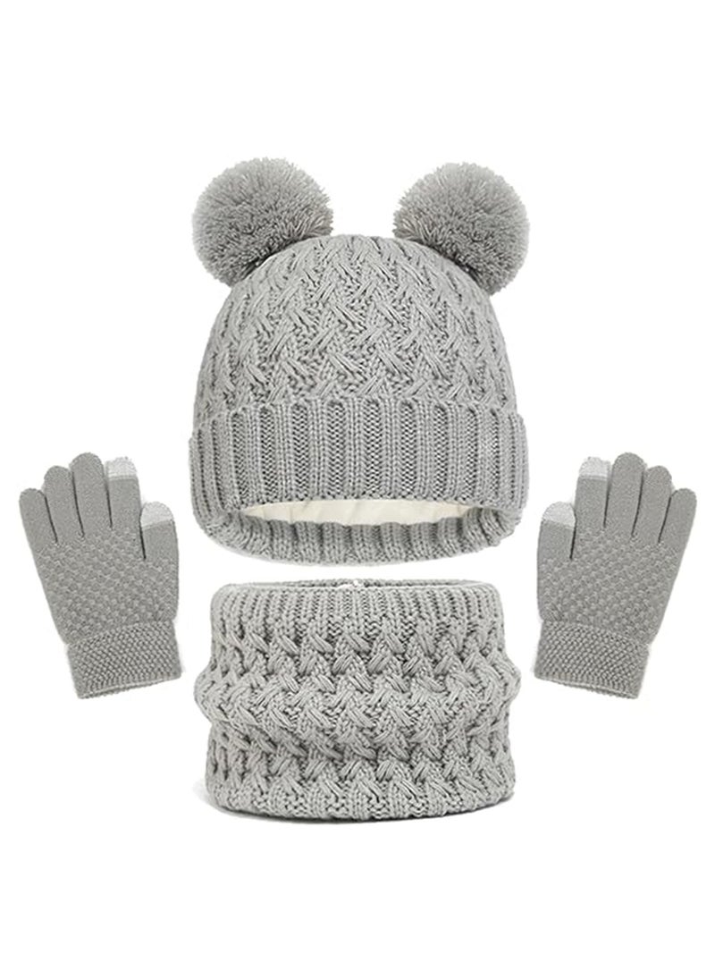 SYOSI Kids Winter Beanie Hat Scarf and Touchscreen Gloves Set, Fleece Lining Beanie Hat Knit Gloves Neck Warmer for Children 2-8, Grey  - Image 1