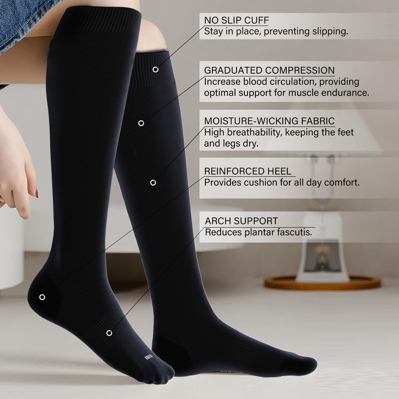 LEVSOX Viscose Made from Bamboo Compression Socks for Women&Men 20-30 mmHg Knee High Fun Cute Graduated Support Socks for Nurses, Pregnant Women, Travel and Flight, Medical, Black, Stripe, Polka Dots - Image 2