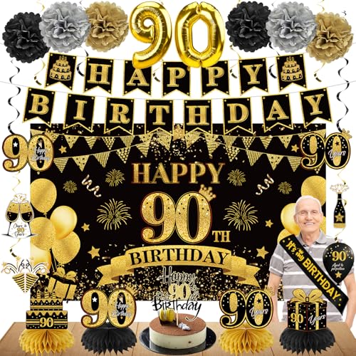 Eucutur 42PCS 90th Birthday Decoration Kit for Men Women Black Gold Happy 90th Bday Banner Balloons Honeycomb Centerpiece Swirl Paper Pompoms Party Supplies 90 Bday Sash Table Cake Topper Swirls Set - Image 1