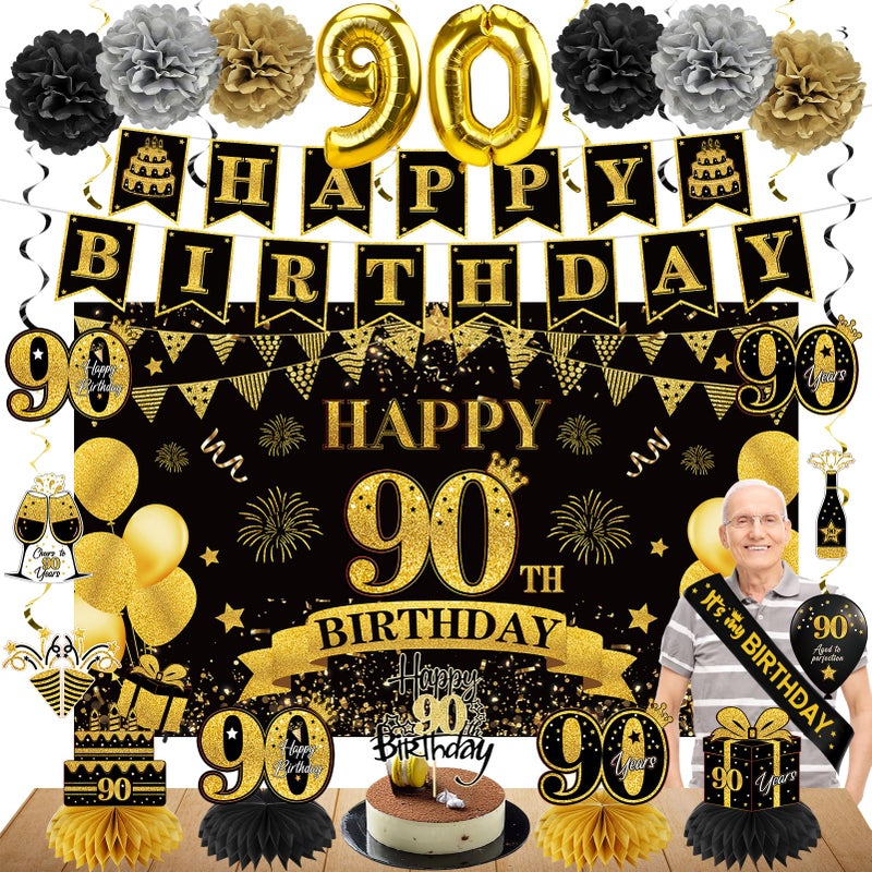 Eucutur 42PCS 90th Birthday Decoration Kit for Men Women Black Gold Happy 90th Bday Banner Balloons Honeycomb Centerpiece Swirl Paper Pompoms Party Supplies 90 Bday Sash Table Cake Topper Swirls Set - Image 2