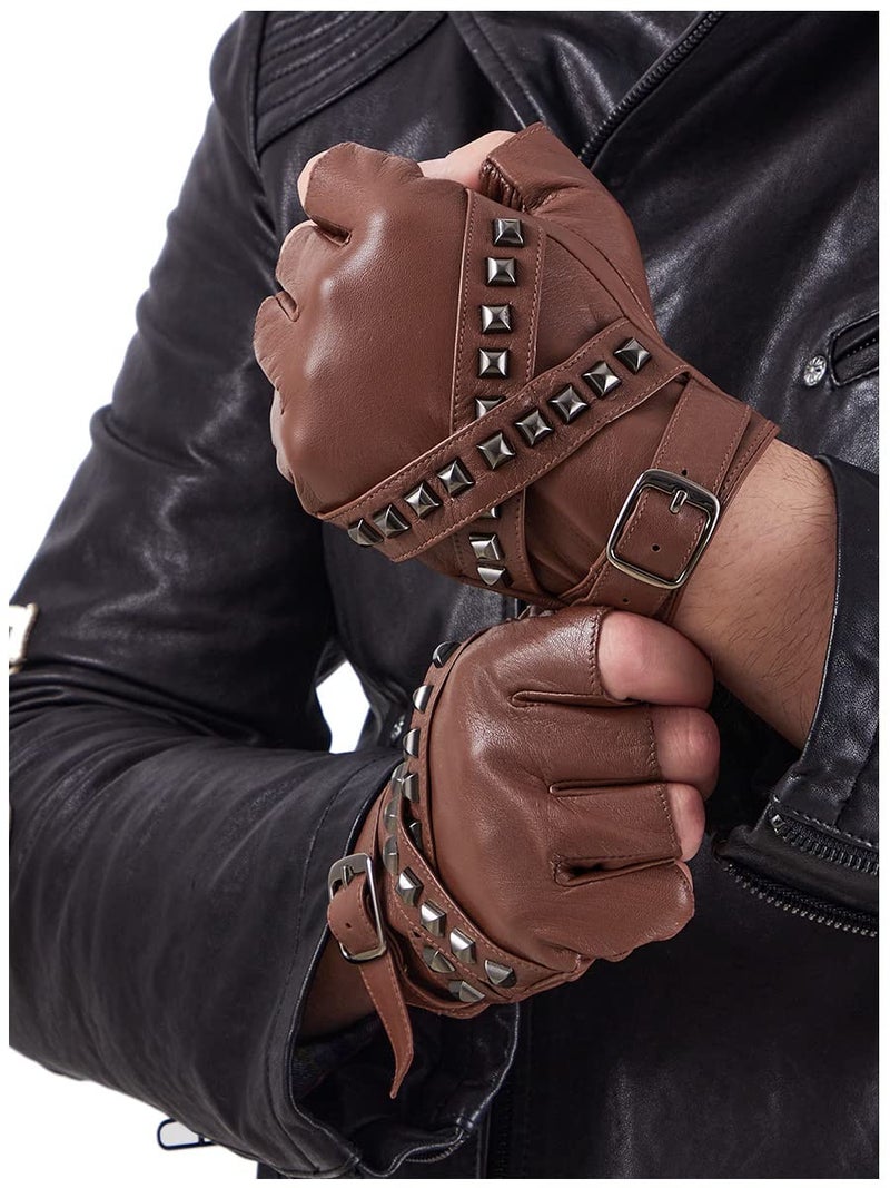 FIORETTO Menâ€™s Fingerless Leather Gloves â€“ Unlined Sheepskin Half Finger Driving Gloves, Punk Style Brown Small - Image 3