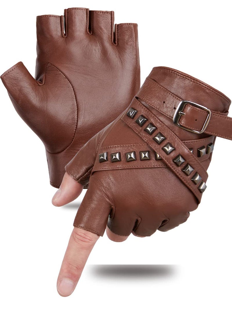 FIORETTO Menâ€™s Fingerless Leather Gloves â€“ Unlined Sheepskin Half Finger Driving Gloves, Punk Style Brown Small - Image 1