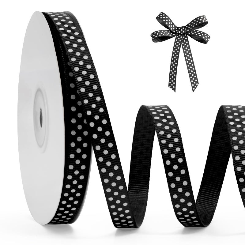 FAKILO Polka Dot Grosgrain Ribbon 3/8 Inch, 25 Yards Spool Black and White Dot Craft Ribbon for Christmas Gift Wrapping DIY Crafts Hair Bows Wedding Party Decor Sewing and Home Decoration - Image 1