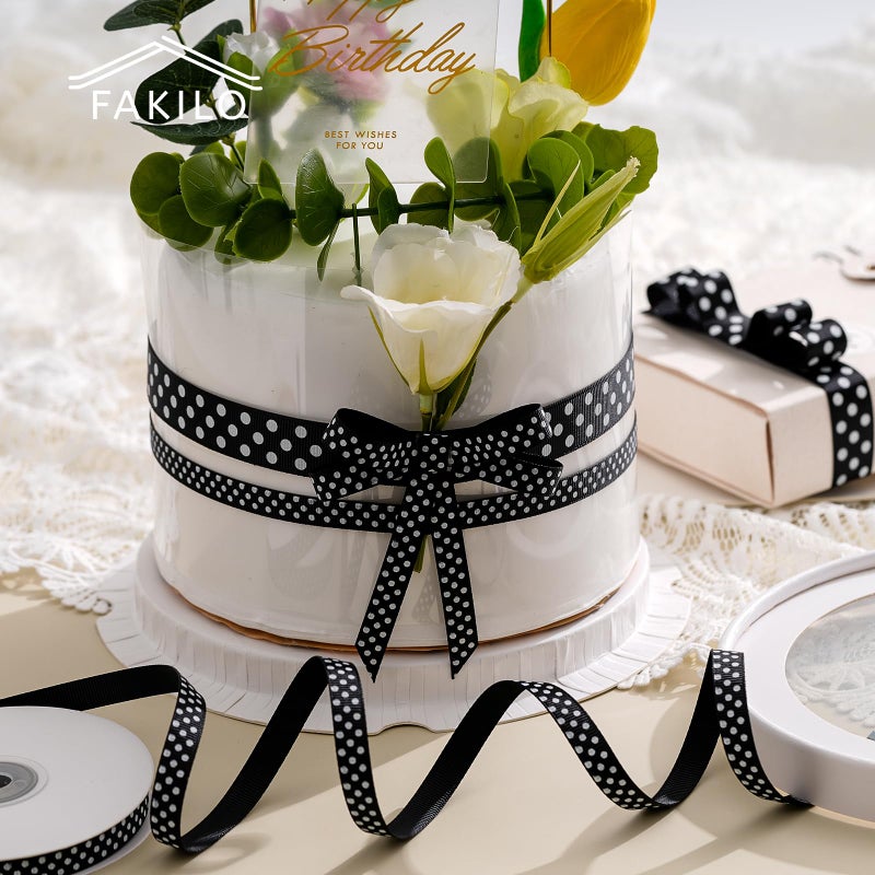 FAKILO Polka Dot Grosgrain Ribbon 3/8 Inch, 25 Yards Spool Black and White Dot Craft Ribbon for Christmas Gift Wrapping DIY Crafts Hair Bows Wedding Party Decor Sewing and Home Decoration - Image 3