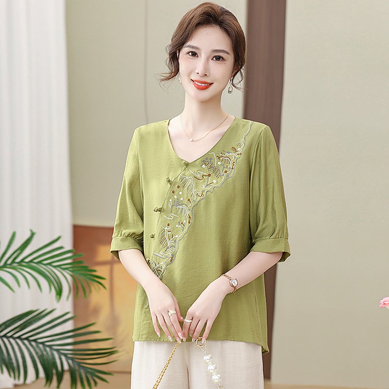 Mothers Chinese Style National Style Buckle Top Small Shirt Summer 2024 New Middle-aged and Elderly Womens Cotton and Linen Short-sleeved T-shirt apple green - Image 1